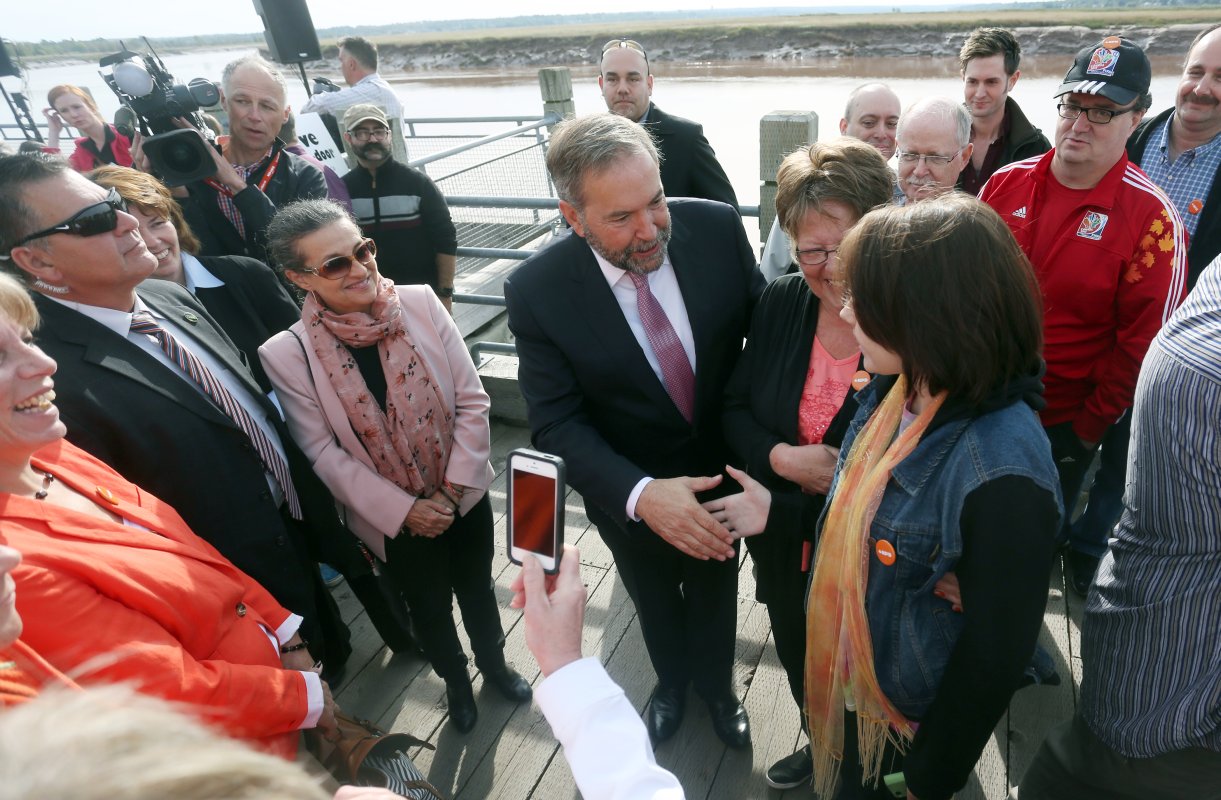 Moncton, NB (22/09/2015) -- Federal NDP leader Tom Mulcair greets supporters at an announcement in Moncton, NB on Sept. 22, 2015. The NDP pledged to hold EI premiums steady for four years and invest in extended training and benefits for Canadian workers. Hill Times photograph by Andrew Meade