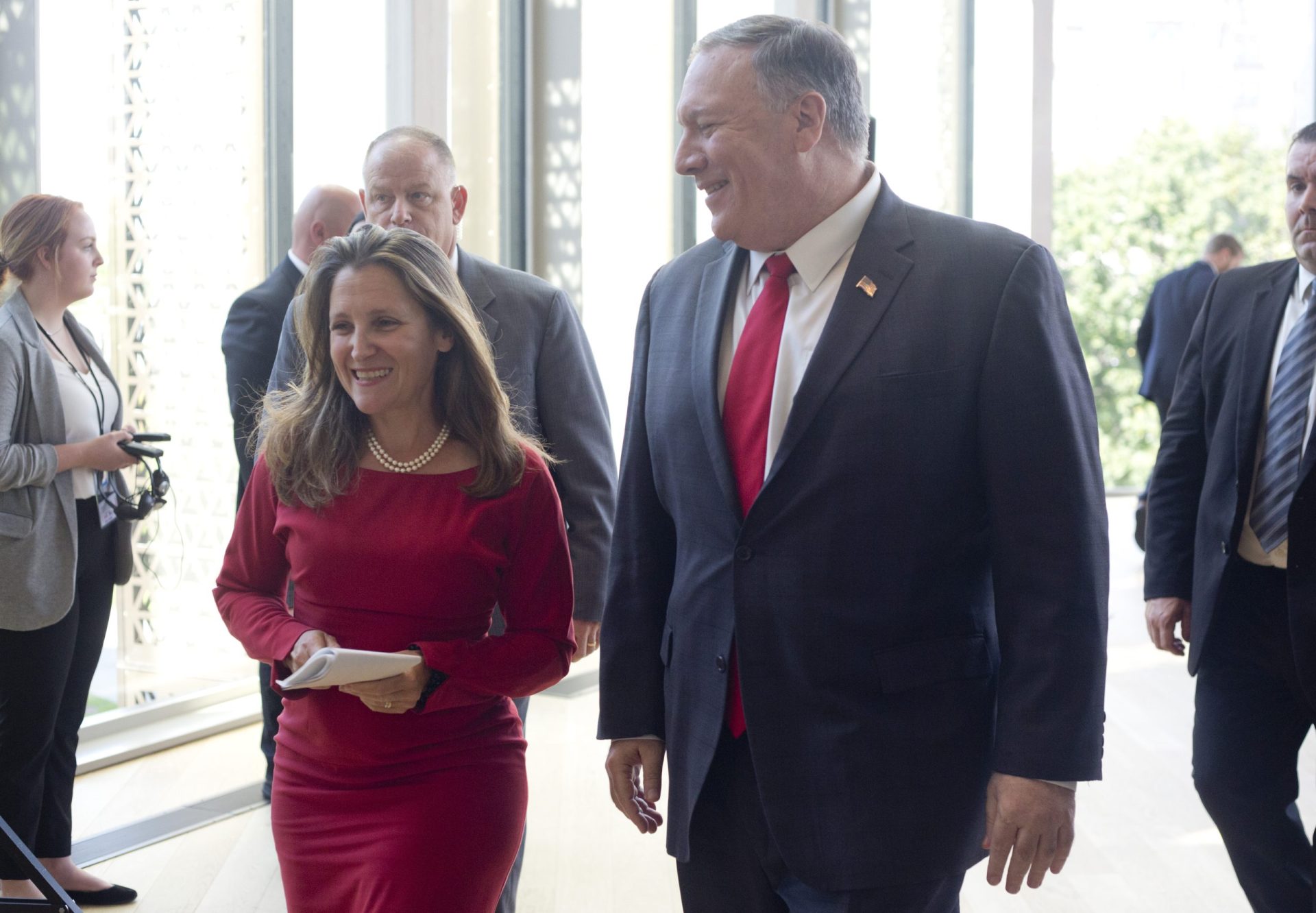 American Secretary of State Mike Pompeo and Canadian Minister of Foreign Affairs Chrystia Freeland hold a joint press conference after a bilateral meeting in Ottawa on Aug 22, 2019.