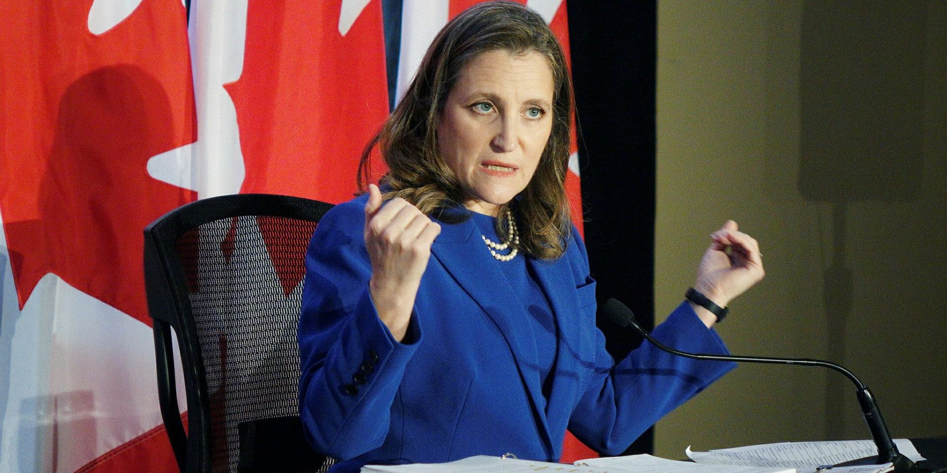 Finance Minister Chrystia Freeland holds a press conference at the Westin Ottawa on April 7, 2022, before releasing the Liberals' budget to Pariliament. The Hill Times photograph by Sam Garcia