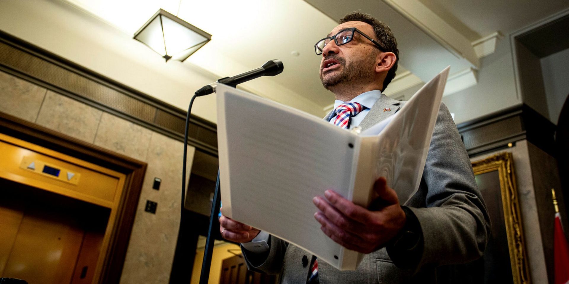 Minister of Transport Omar Alghabra speaks with reporters on March 27, 2023, after the Auditor General’s March 2023 reports are tabled in the House of Commons. Andrew Meade