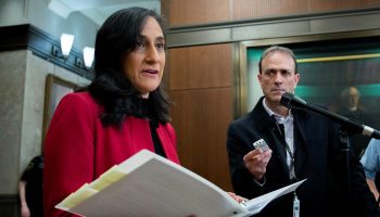 Minister of National Defence Anita Anand takes questions from reporters in the House of Commons foyer before Question Period on April 26, 2023. Andrew Meade