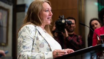 Treasury Board President Mona Fortier holds a press conference in the foyer of the House of Commons on May 1, 2023, to speak with reporters about a tentative agreement to end the Public Service Alliance of Canada strike, which began on April 19. Andrew Meade