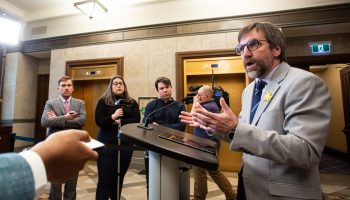 Minister of Environment and Climate Change Steven Guilbeault speaks with reporters in the House of Commons foyer on April 20, 2023, after the Commissioner of the Environment and Sustainable Development’s spring 2023 reports were tabled in the House of Commons. The Hill Times photograph by Andrew Meade